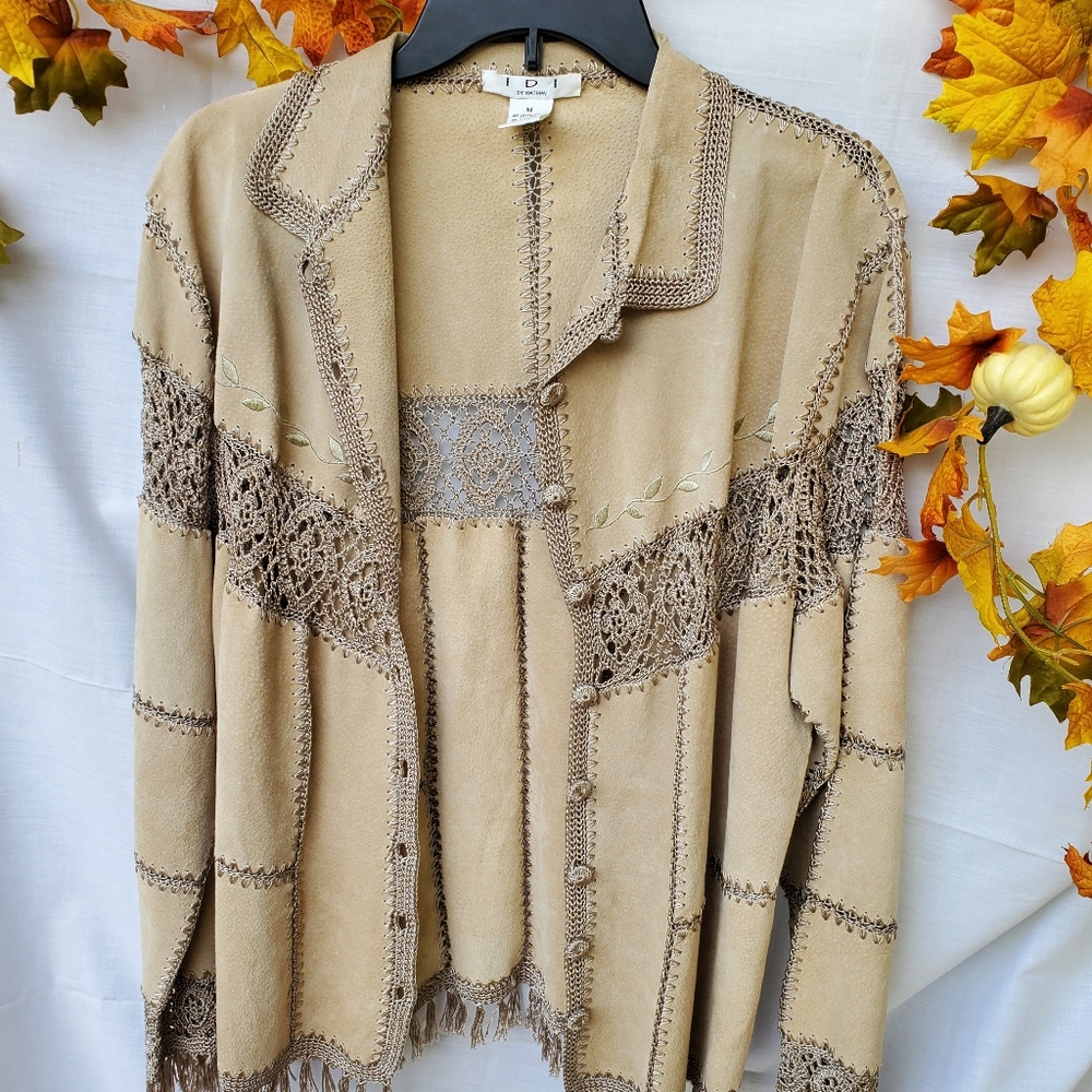 Idi Brand Leather Crocheted Jacket with Fringe Size M